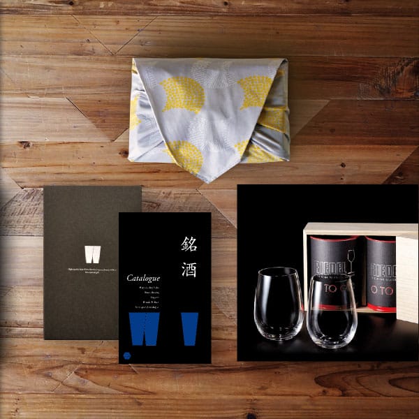 風呂敷で贈る｜カタログギフト 銘酒 GS02コース ＋ RIEDEL リーデル・オー 大吟醸オー ペアセット（木箱入リ）