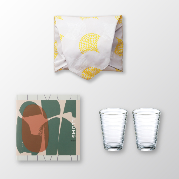 風呂敷で贈る｜カタログギフト ILLUMS（イルムス） TIVOLIコース ＋ iittala（イッタラ） アイノ・アアルト ハイボール ペア（クリア）