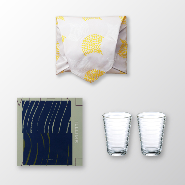 風呂敷で贈る｜カタログギフト ILLUMS（イルムス） BELLEVUEコース ＋ iittala（イッタラ） アイノ・アアルト ハイボール ペア（クリア）