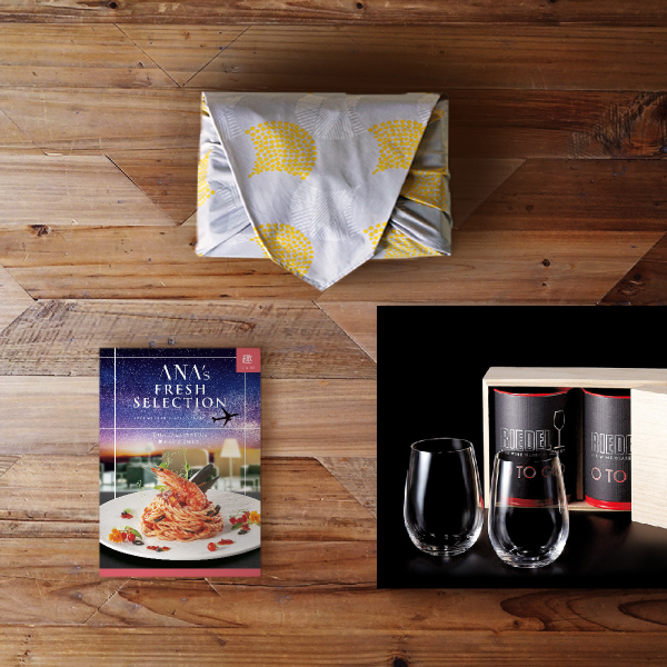 風呂敷で贈る｜カタログギフト ANA's フレッシュセレクション 趣コース ＋ RIEDEL リーデル・オー 大吟醸オー ペアセット（木箱入リ）
