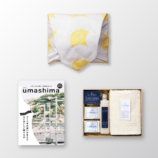 風呂敷で贈る｜カタログギフト うましま 凪コース ＋ KUSU HANDMADE　くすのきアロマ バスギフトセットC