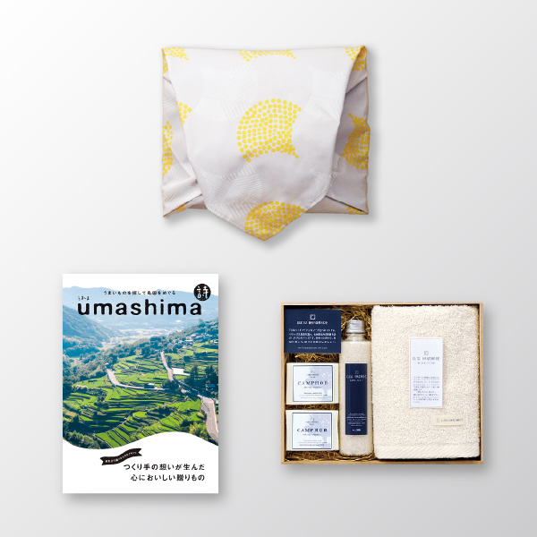 風呂敷で贈る｜カタログギフト うましま 詩コース ＋ KUSU HANDMADE　くすのきアロマ バスギフトセットC