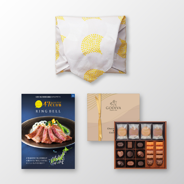 風呂敷で贈る｜カタログギフト 47CLUB 郷コース ＋ GODIVA クッキー＆チョコレート アソートメント(クッキー8枚 / チョコレート21粒)