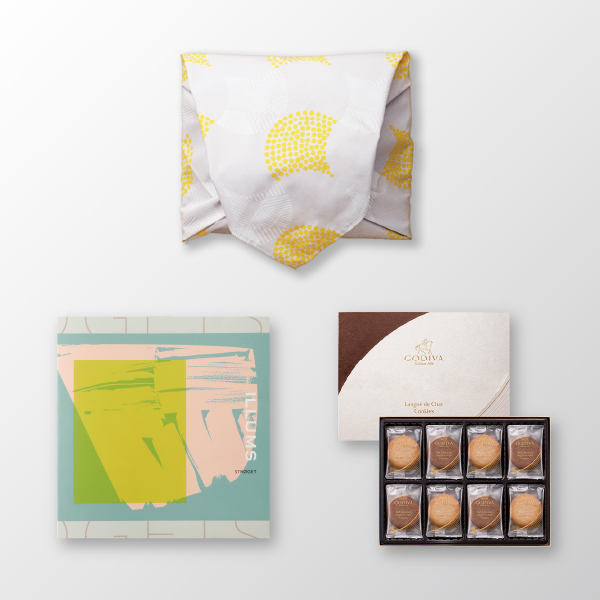 風呂敷で贈る｜カタログギフト ILLUMS（イルムス） STROGETコース ＋ GODIVA ラングドシャクッキーアソートメント（30枚入）