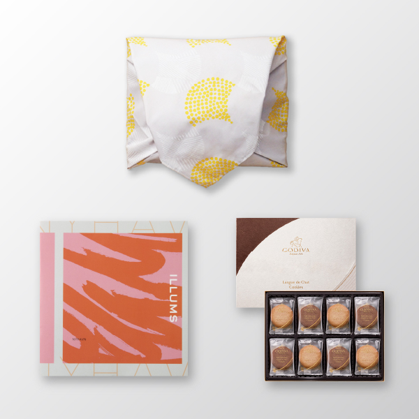 風呂敷で贈る｜カタログギフト ILLUMS（イルムス） NYHAVNコース ＋ GODIVA ラングドシャクッキーアソートメント（30枚入）