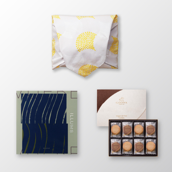 風呂敷で贈る｜カタログギフト ILLUMS（イルムス） BELLEVUEコース ＋ GODIVA ラングドシャクッキーアソートメント（30枚入）