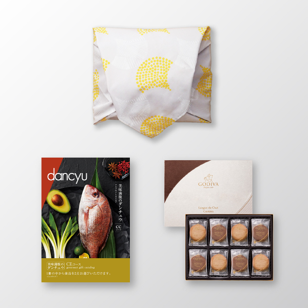 風呂敷で贈る｜カタログギフト dancyu（ダンチュウ） CEコース ＋ GODIVA ラングドシャクッキーアソートメント（30枚入）