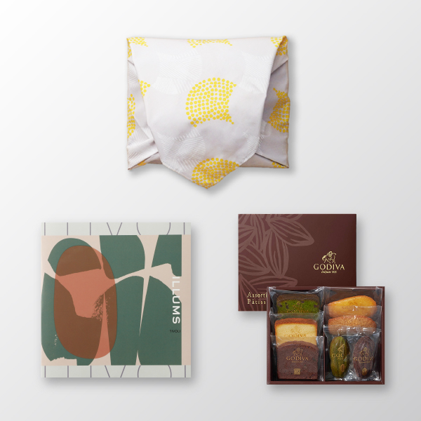 風呂敷で贈る｜カタログギフト ILLUMS（イルムス） TIVOLIコース ＋ GODIVA パティスリー アソートメント 7個入