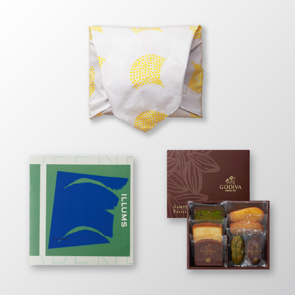 風呂敷で贈る｜カタログギフト ILLUMS（イルムス） COPENHAGENコース ＋ GODIVA パティスリー アソートメント 7個入