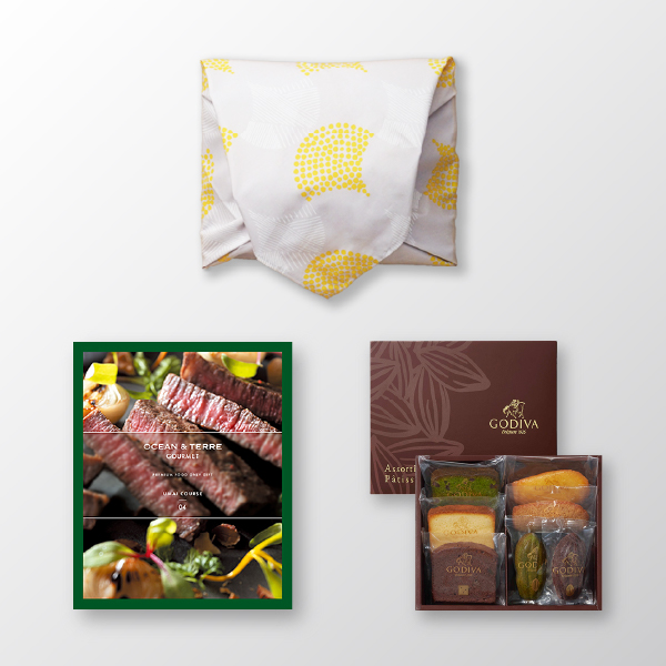 風呂敷で贈る｜カタログギフト オーシャンテールグルメ UMAIコース ＋ GODIVA パティスリー アソートメント 7個入