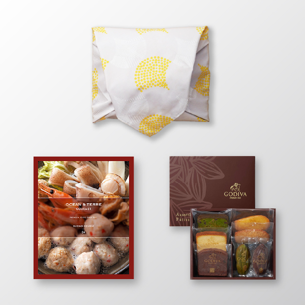 風呂敷で贈る｜カタログギフト オーシャンテールグルメ BUONOコース ＋ GODIVA パティスリー アソートメント 7個入