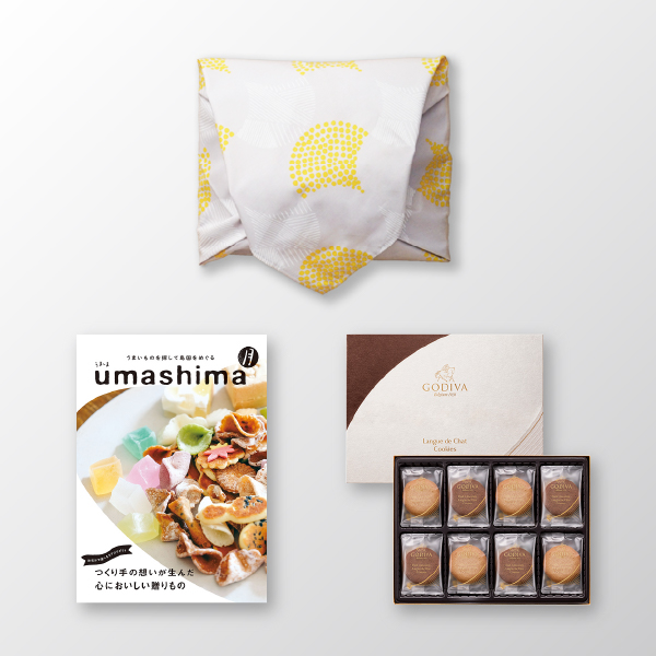 風呂敷で贈る｜カタログギフト うましま 月コース ＋ GODIVA ラングドシャクッキーアソートメント（30枚入）