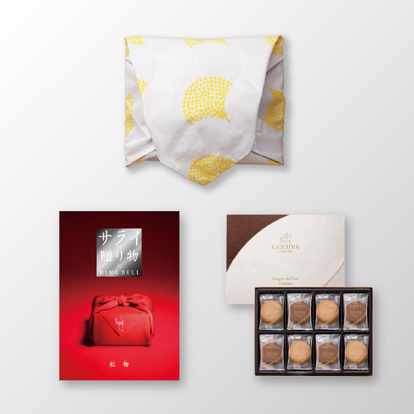 風呂敷で贈る｜カタログギフト サライの贈り物 紅梅コース ＋ GODIVA ラングドシャクッキーアソートメント（30枚入）