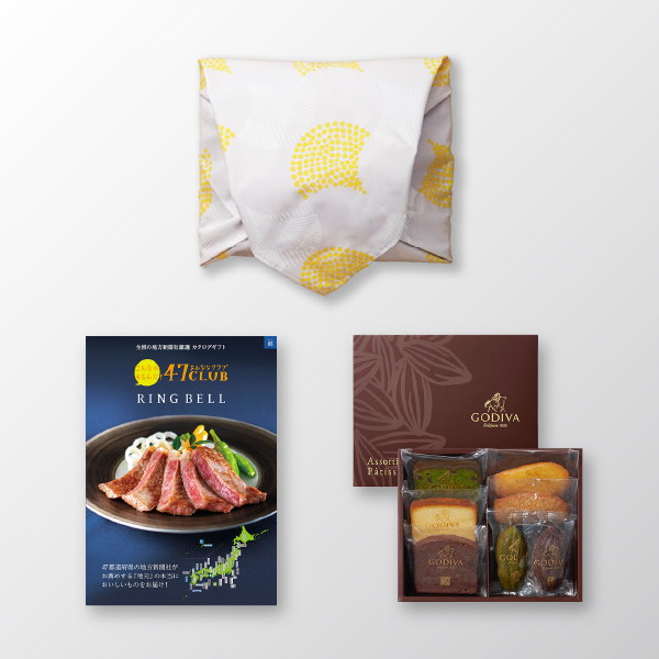 風呂敷で贈る｜カタログギフト 47CLUB 郷コース ＋ GODIVA パティスリー アソートメント 7個入