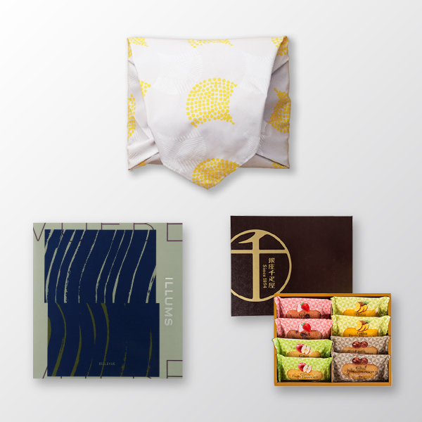 風呂敷で贈る｜カタログギフト ILLUMS（イルムス） BELLEVUEコース ＋ 銀座千疋屋 銀座フルーツフィナンシェ（8個入）
