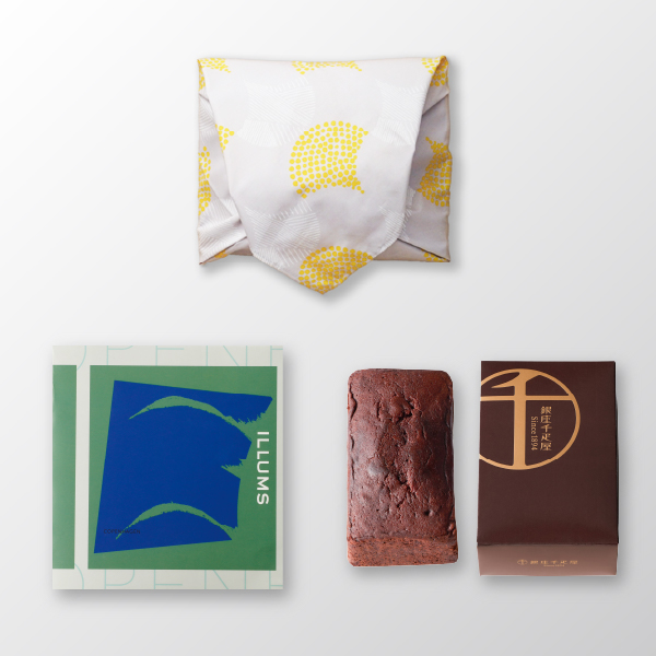 風呂敷で贈る｜カタログギフト ILLUMS（イルムス） COPENHAGENコース ＋ 銀座千疋屋 銀座チョコパウンドケーキ