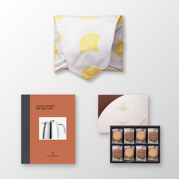 風呂敷で贈る｜カタログギフト UNITED ARROWS THE GIFT LIST Cコース ＋ GODIVA ラングドシャクッキーアソートメント（30枚入）