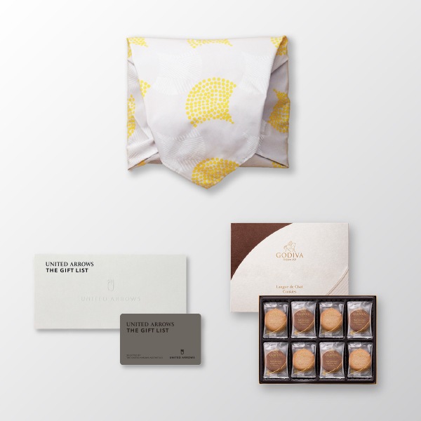 風呂敷で贈る｜カタログギフト カードタイプ UNITED ARROWS THE GIFT LIST Bコース ＋ GODIVA ラングドシャクッキーアソートメント（30枚入）
