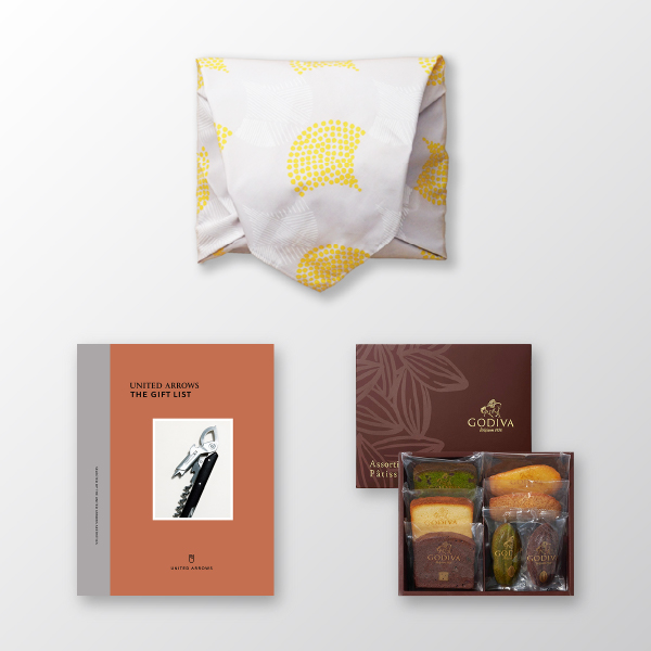 風呂敷で贈る｜カタログギフト UNITED ARROWS THE GIFT LIST Bコース ＋ GODIVA パティスリー アソートメント 7個入