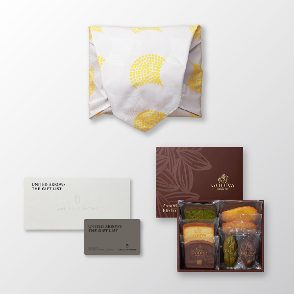 風呂敷で贈る｜カタログギフト カードタイプ UNITED ARROWS THE GIFT LIST Bコース ＋ GODIVA パティスリー アソートメント 7個入