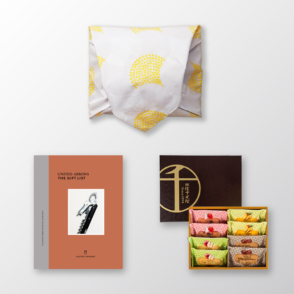 風呂敷で贈る｜カタログギフト UNITED ARROWS THE GIFT LIST Bコース ＋ 銀座千疋屋 銀座フルーツフィナンシェ（8個入）