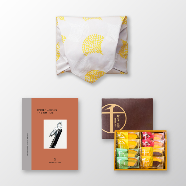 風呂敷で贈る｜カタログギフト UNITED ARROWS THE GIFT LIST Bコース ＋ 銀座千疋屋 銀座フルーツクーヘン（8個入）