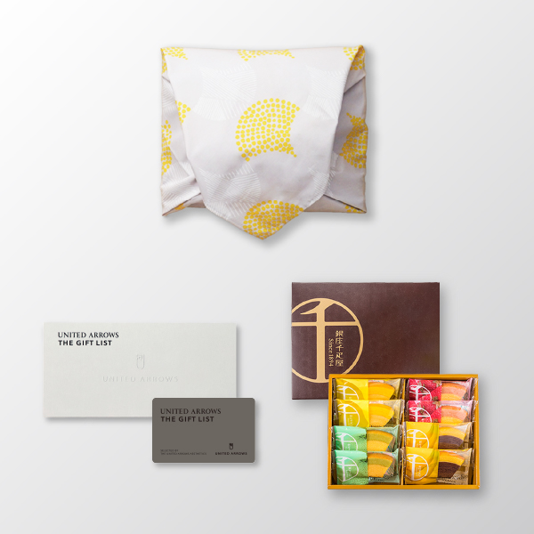 風呂敷で贈る｜カタログギフト カードタイプ UNITED ARROWS THE GIFT LIST Aコース ＋ 銀座千疋屋 銀座フルーツクーヘン（8個入）