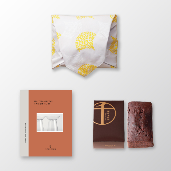 風呂敷で贈る｜カタログギフト UNITED ARROWS THE GIFT LIST Aコース ＋ 銀座千疋屋 銀座チョコパウンドケーキ