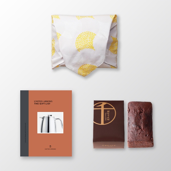 風呂敷で贈る｜カタログギフト UNITED ARROWS THE GIFT LIST Cコース ＋ 銀座千疋屋 銀座チョコパウンドケーキ