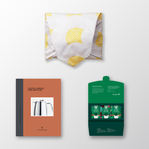 風呂敷で贈る｜カタログギフト UNITED ARROWS THE GIFT LIST Cコース ＋ スターバックス プレミアムソリュブルブラックスティックギフト A