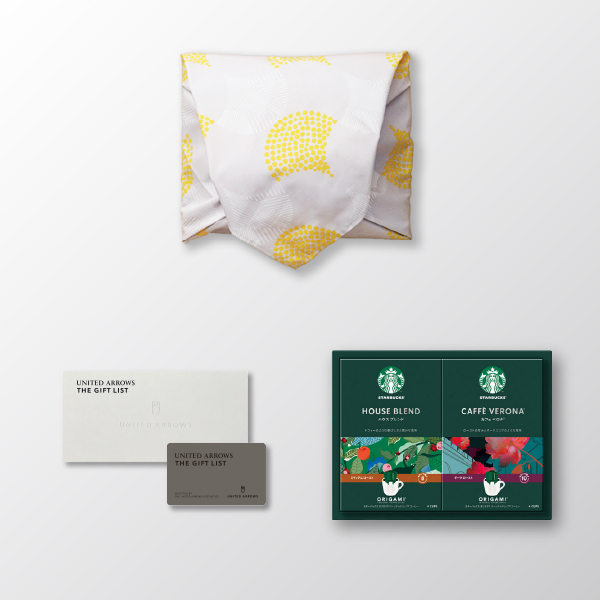 風呂敷で贈る｜カタログギフト カードタイプ UNITED ARROWS THE GIFT LIST Aコース ＋ スターバックス プレミアムソリュブルブラックスティックギフト B