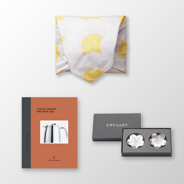 風呂敷で贈る｜カタログギフト UNITED ARROWS THE GIFT LIST Cコース ＋ 能作　箸置き - 花ばな - 梅・桜（2個入）