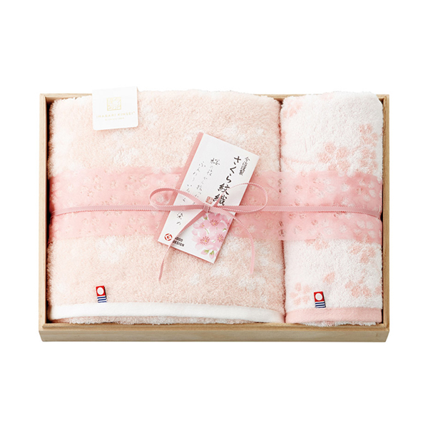 今治謹製 さくら紋織 木箱入り桜染めバス1P・フェイスタオル1P